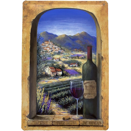 Rotwein Glas aus Frankreich am Fenster - Blechschild 30 x 20 cm