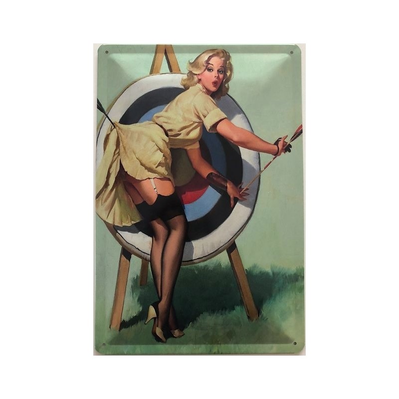 Pin Up Girl Bogen Sport - Blechschild 30 x 20 cm