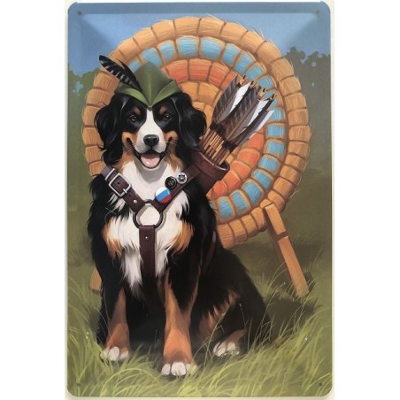 Bogen Sport - Robin Hood Hund beim Bogenschießen - Blechschild 30 x 20 cm