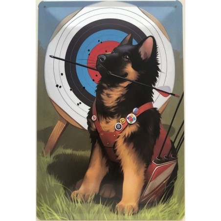 Bogen Sport - Schäfer Hund beim Bogenschießen - Blechschild 30 x 20 cm