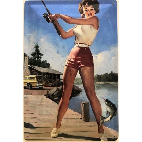 Pin Up Girl beim fischen - Blechschild 30 x 20 cm