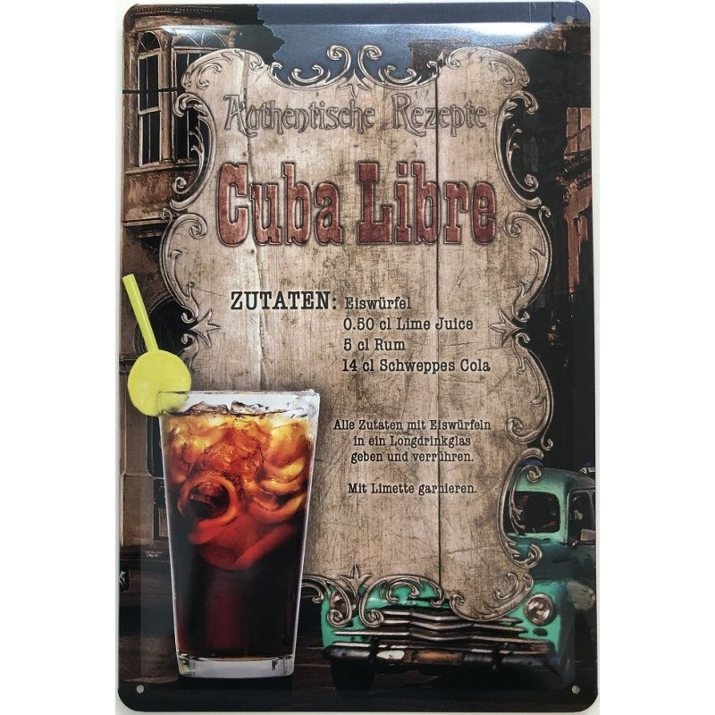 Cocktail Zutaten für Cuba Libre - Blechschild 30 x 20 cm