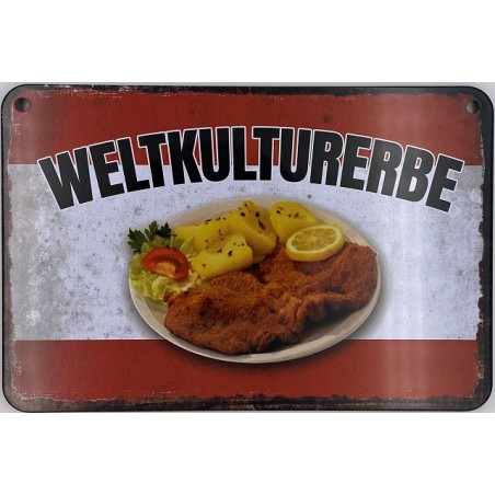 Wienerschnitzel mit Kartoffelsalat - Österreichsisches Weltkulturerbe - Blechschild 18 x 12 cm