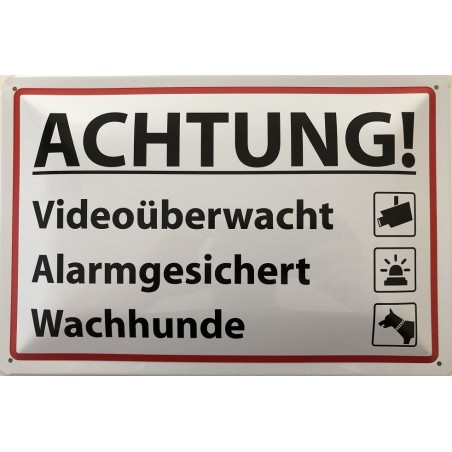 Warnschild: Achtung ! Videoüberwacht - Alarmgesichert - Wachhunde - Blechschild 30 x 20 cm