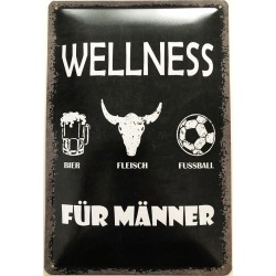 Wellness für Männer - Bier / Fleisch / Fussball - Blechschild 30 x 20 cm