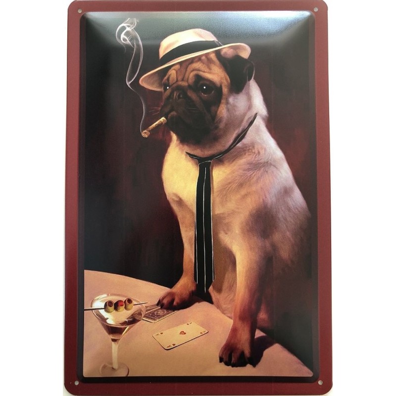 Poker Mops mit Zigarre - Blechschild 30 x 20 cm